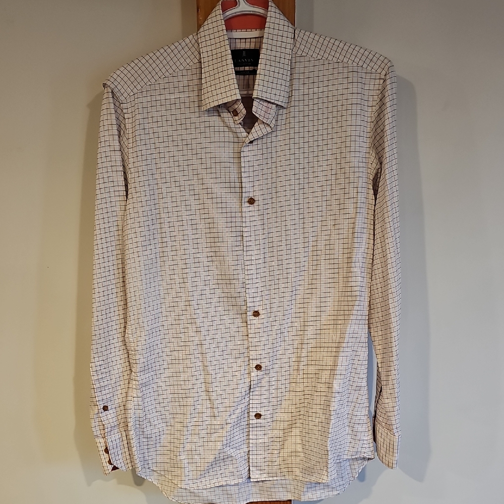 Lanvin Men's Light Brown Checkered Button Down Shirt